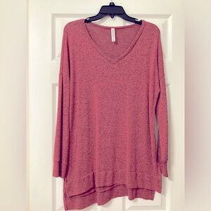 Brushed Melange Sweater V-neck Hi-Low Hem, Small, Color Dusty Rose